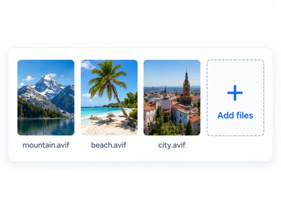 Three AVIF image thumbnails and an add files tile